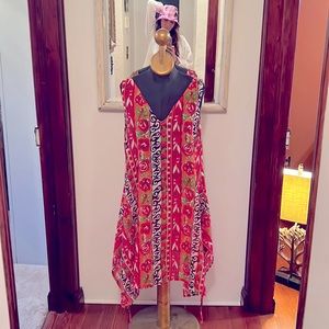Sheer red & pink floral dress / tunic / cover-up. Roses. Graphic. M L XL
